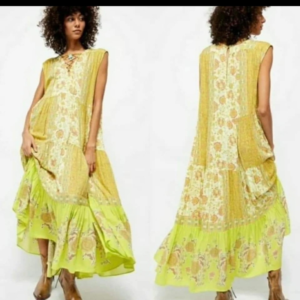 Free People Yellow and Green Floral Maxi Dress